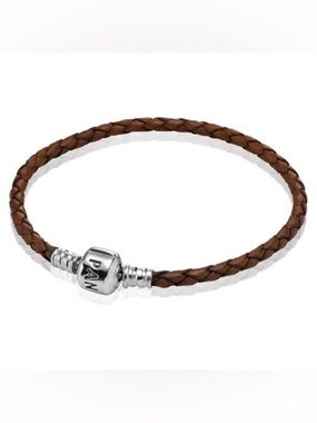 PANDORA (6.9") Single Brown Leather Bracelet Authentic Sterling Silver Woven